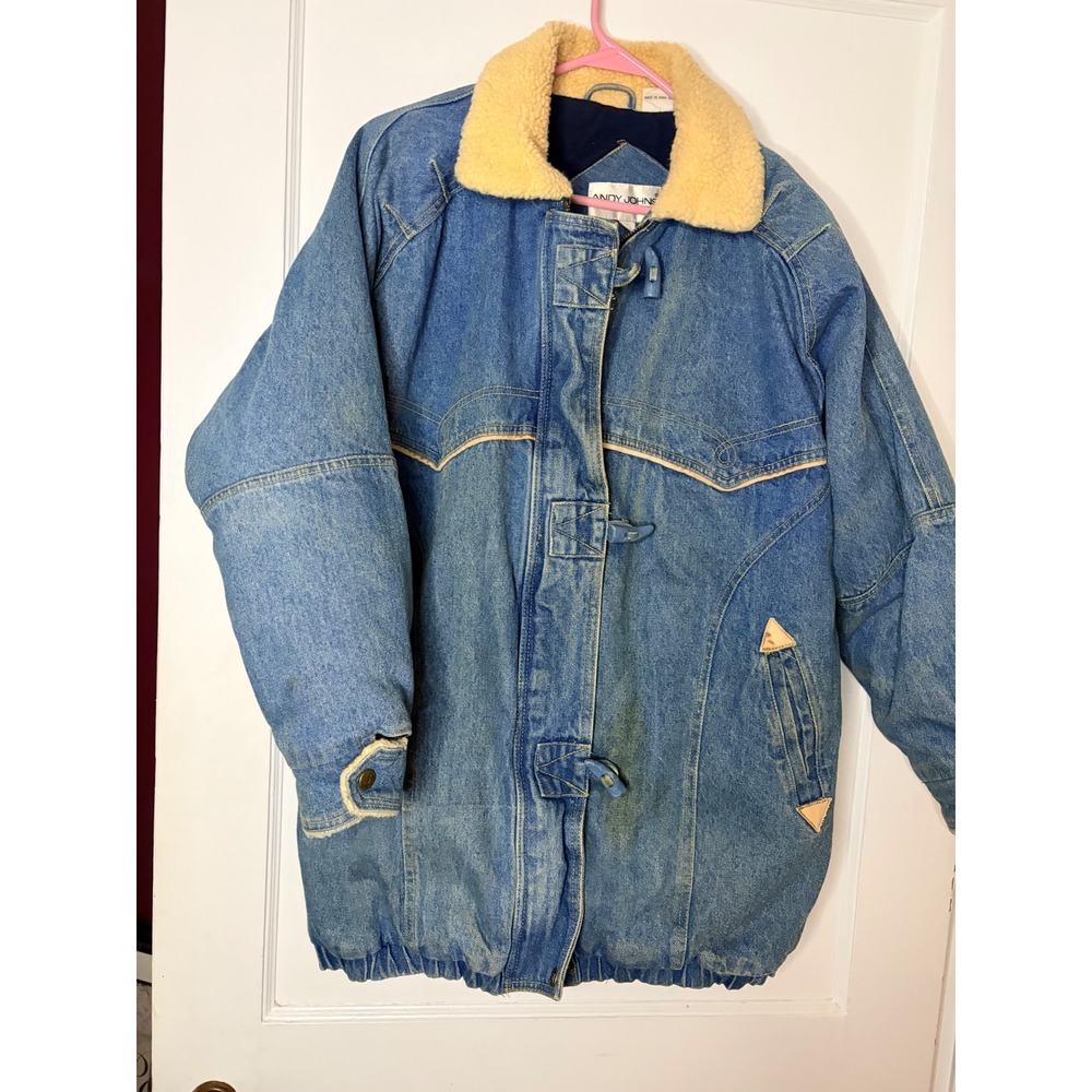 Andy‎ Johns Mens Denim Jacket Sherpa Collar Blue Size S vintage oversized